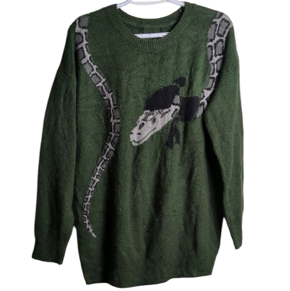 Green Crew Neck Sweater with Snake Design